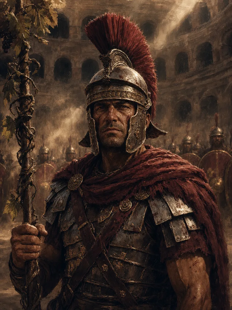 A centurion in a crested helmet standing at the edge of the sand